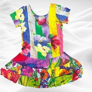 Jams‎ World Bloemen Floral Hawaiian Dress Sz XL Retro Summer Beach Resort Ruffle